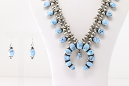 Native America Navajo Sterling Silver Golden Hill Turquoise Squash Blossom Necklace & Earring's Set