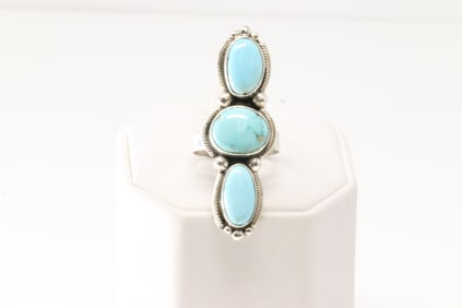 Native America Navajo Sterling Silver Turquoise Ring 3 Stone By S.