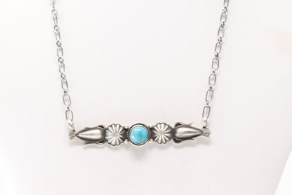 Native America Navajo Sterling Silver Turquoise Necklace By Marita Benally.