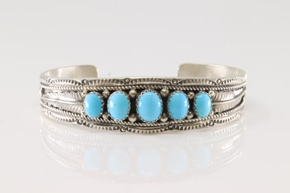 Native America Navajo Sterling Silver Turquoise Bracelet Cuff By Wilbert Muskett.