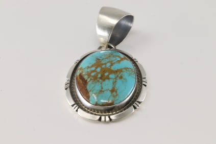Native America Navajo Sterling Silver Kingman Turquoise Pendant By Alfred Martinez.