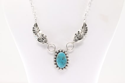 Native America Navajo Sterling Silver Turquoise Necklace Leaf Cuff By Sandra Sardo.