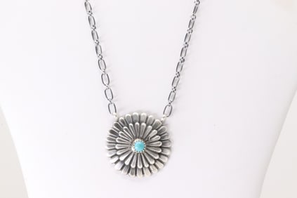 Native America Navajo Sterling Silver Turquoise Necklace By Sheldon Mariano.