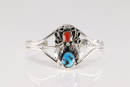 Native America Navajo Sterling Silver Coral & Turquoise Barcelet Cuff By Harry B.Yazzie.