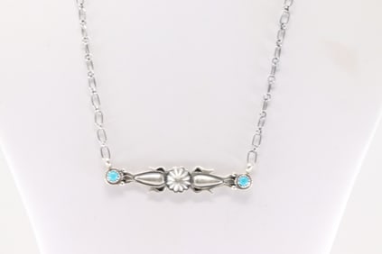 Native America Navajo Sterling Silver Turquoise Necklace By Marita Benally.