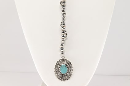 Native America Navajo Sterling Silver Turquoise Necklace By Lucinda Sardo.
