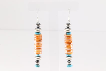 Native America Navajo Sterling Silver Spiny Oyster & Turquoise Dangling Earring's.