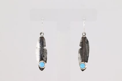 Native America Navajo Sterling Silver Turquoise Feather Dangling Earring's By Genevieve Francisco.