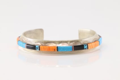 Native America Navajo Sterling Silver Multi-Color Stone Inlay Bracelet Cuff By G.Douglas.