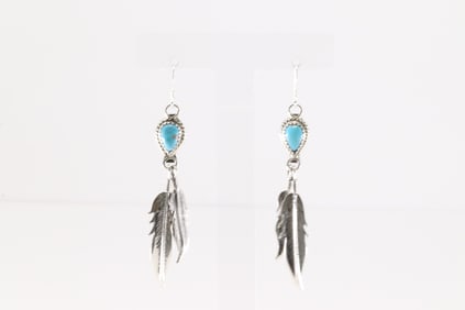 Native American Navajo Sterling Silver Turquoise Feather Dangling Earring's By Sharon McCarthy.