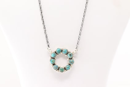 Native American Navajo Sterling Silver Kingman Turquoise Necklace By Maxine Ramirez.
