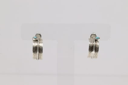 Native America Navajo Sterling Silver Turquoise Feather Hoop Earring's By Aaron Davis.