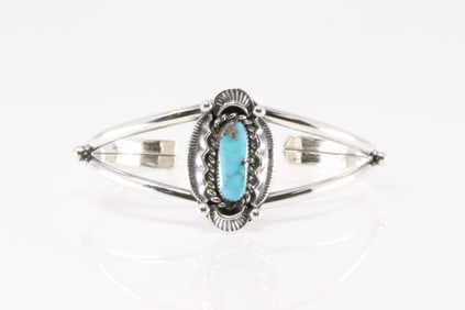 Native America Navajo Sterling Silver Turquoise Bracelet Cuff By Sadie Jim.