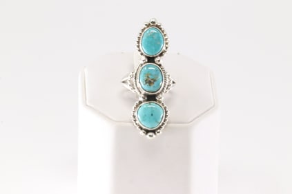 Native America Navajo Sterling Silver Turquoise Ring 3 Stone By S.