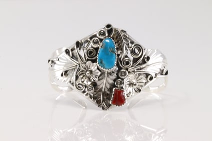 Native America Navajo Sterling Silver Coral & Bracelet Floral Cuff By Harry B. Yazzie