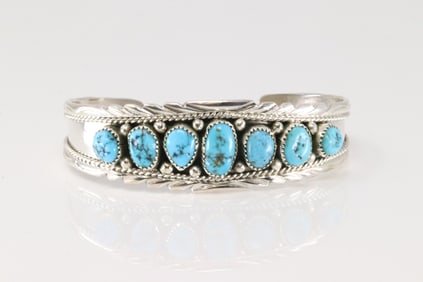 Native America Navajo Sterling Silver Turquoise Bracelet Cuff By Anita Whitegoat.
