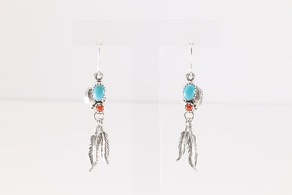 Native America Navajo Sterling Silver Coral & Turquoise Dangling Earring's By Rita Largo.