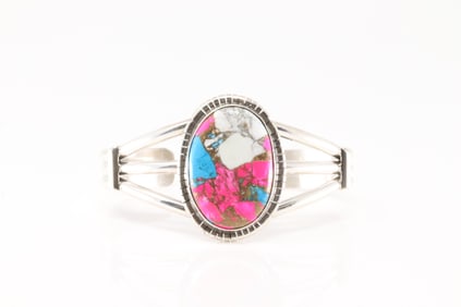 Native America Navajo Sterling Silver Turquoise Compressed Barcelet Cuff By S.E.