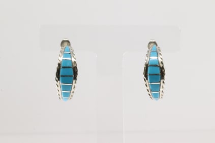 Native America Zuni Sterling Silver Kingman Turquoise Inlay Hoop Earring's By Malcolm Chavez.