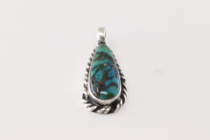 Native American Navajo Sterling Silver Kingman Turquoise Pendant By Dixon.
