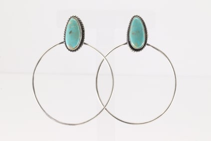 Native America Navajo Sterling Silver Kingman Turquoise Hoop Earring's By Elouise Kee.