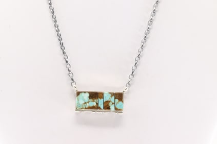 Native America Navajo Sterling Silver Number 8 Turquoise Inlay Necklace By Steve Francisco.