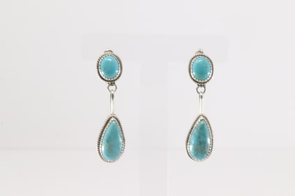Native America Navajo Sterling Silver Kingman Turquoise Post / Dangling Earring's By Theresa Smith.