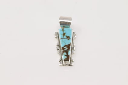 Native America Navajo Sterling Silver Turquoise Inlay Pendant By S.F.