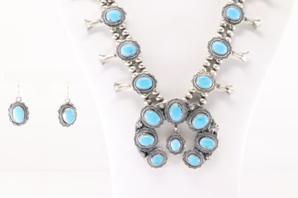 Native America Navajo Sterling Silver Kingman Turquoise Squash Blossom Necklace & Earring's Set By