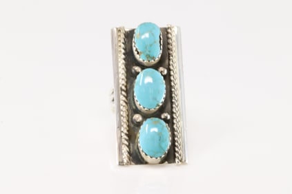 Native America Navajo Sterling Silver Turquoise Ring 3 Stone By Arlene Lewis.