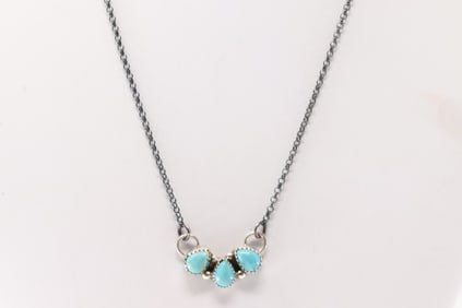 Native America Navajo Sterling Silver Turquoise Necklace By M.R.