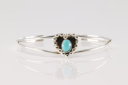 Native America Navajo Sterling Silver Turquoise Heart Bracelet Cuff By Marie Bahe.