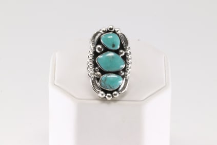 Native America Navajo Sterling Silver Turquoise Ring 3 Stone By Ryntanna Yazzie.