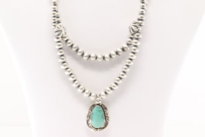 Native America Navajo Sterling Silver Double Strand Pearl Beaded / Turquoise Necklace By Lucinda
