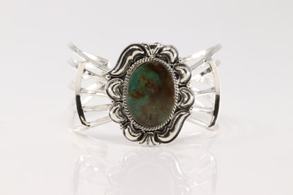 Native America Navajo Sterling Silver Turquoise Bracelet Cuff By Irvin Tsosie.