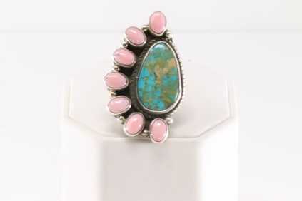 Native America Navajo Sterling Silver Pink Conch & Turquoise Ring By Geraldine James.