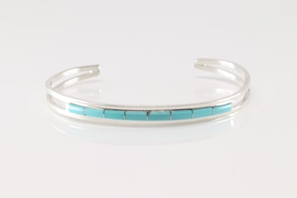 Native America Zuni Sterling Silver Turquoise Inlay Barcelet Cuff By A.L.W.