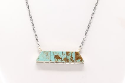 Native America Navajo Sterling Silver Turquoise Inlay Necklace By Brandon Etcitty.