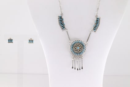 Native America Zuni Sterling Silver Turquoise Necklace & Earring's Set By Philander Gia.