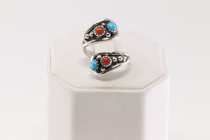 Native America Navajo Sterling Silver Coral & Turquoise Ring By Genevieve Francisco.