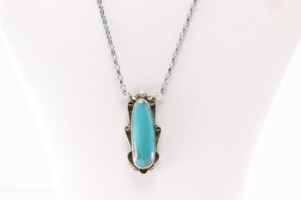 Native America Navajo Sterling Silver Kingman Turquoise Necklace By Juanita McDonal.