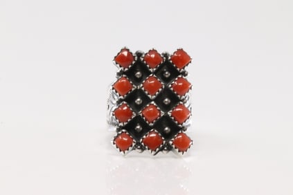 Native America Navajo Sterling Silver Coral Ring 3 Rows By Verley Betone.