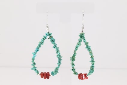 Native America Navajo Sterling Silver Coral & Turquoise Dangling Earring's.