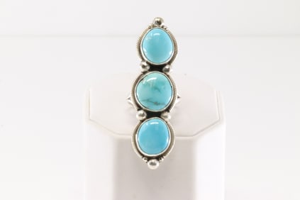 Native America Navajo Sterling Silver Turquoise Ring 3 Stone By S.