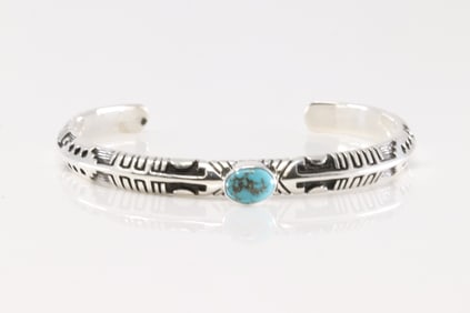 Native America Navajo Sterling Silver Turquoise Bracelet Cuff By B.S.