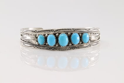 Native America Navajo Sterling Silver Turquoise Bracelet Cuff By Betty Begaye.