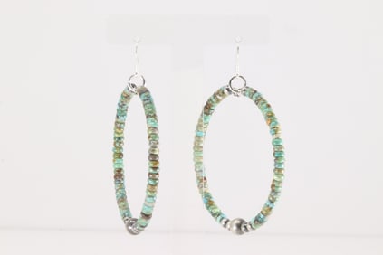 Native America Navajo Sterling Silver Turquoise & Pearl Beaded Hoop Dangling Earring's.