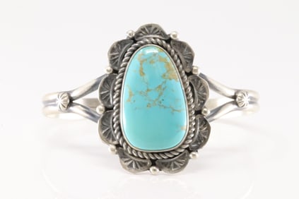 Native America Navajo Sterling Silver Kingman Turquoise Bracelet Cuff By Jeff James.