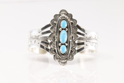 Native America Navajo Sterling Silver Turquoise Bracelet Cuff By Eula Wylie.