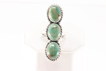 Native America Navajo Sterling Silver Turquoise Ring 3 Stone By Eugene Belone.